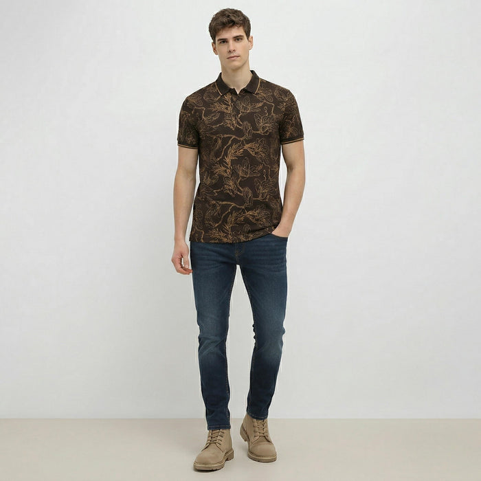 Men Tan Floral Printed Polo Collar T-shirt