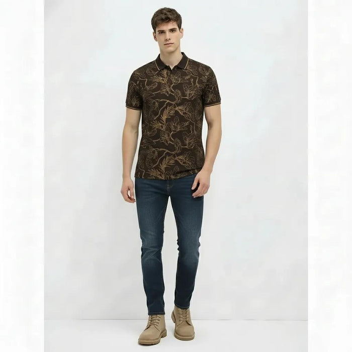 Men Tan Floral Printed Polo Collar T-shirt