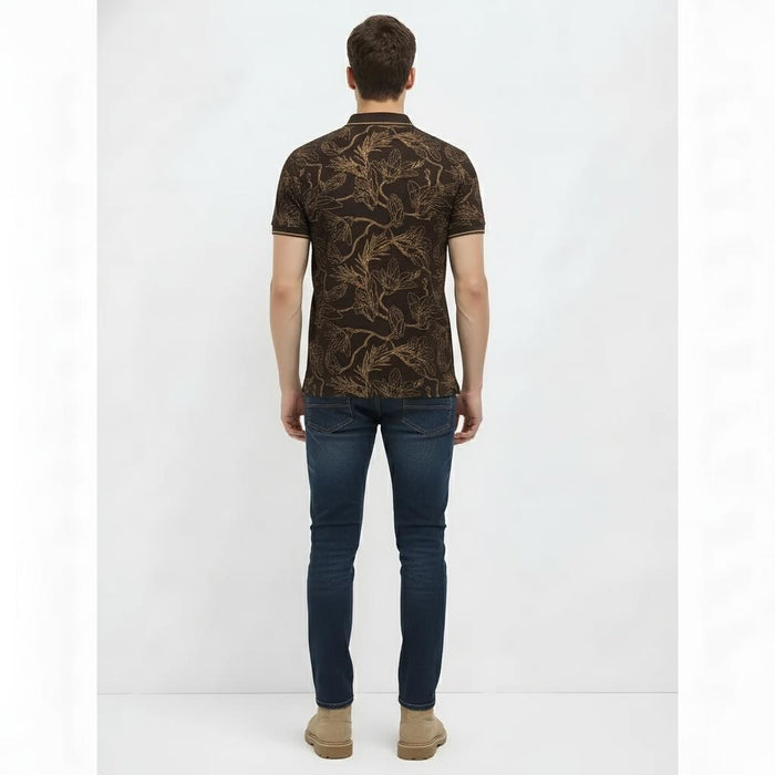 Men Tan Floral Printed Polo Collar T-shirt