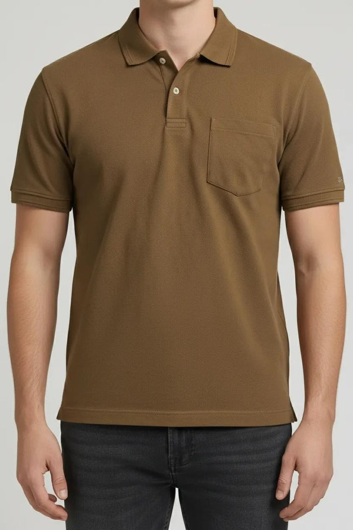 Men Tan Polo Collar Pockets T-shirt