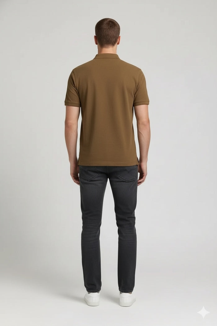 Men Tan Polo Collar Pockets T-shirt