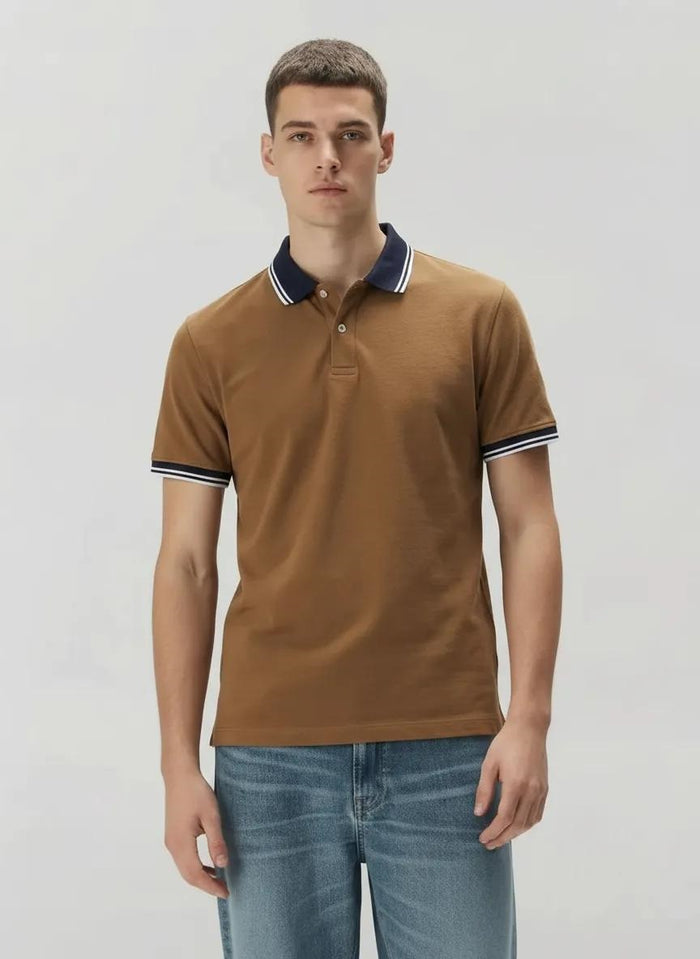 Men Tan Sold Polo Collar T-shirt