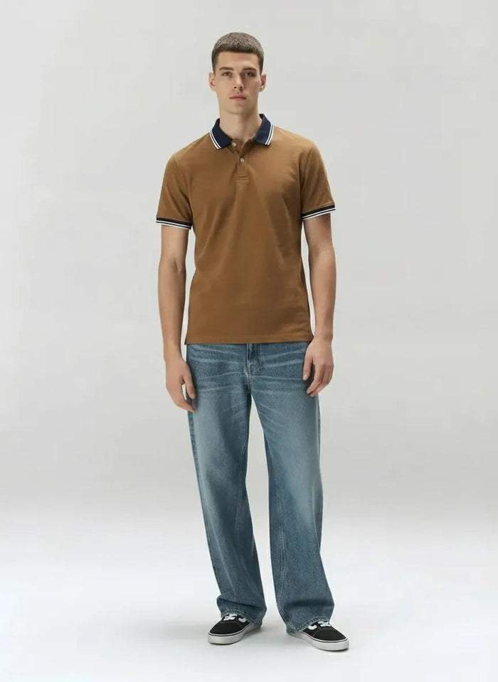 Men Tan Sold Polo Collar T-shirt