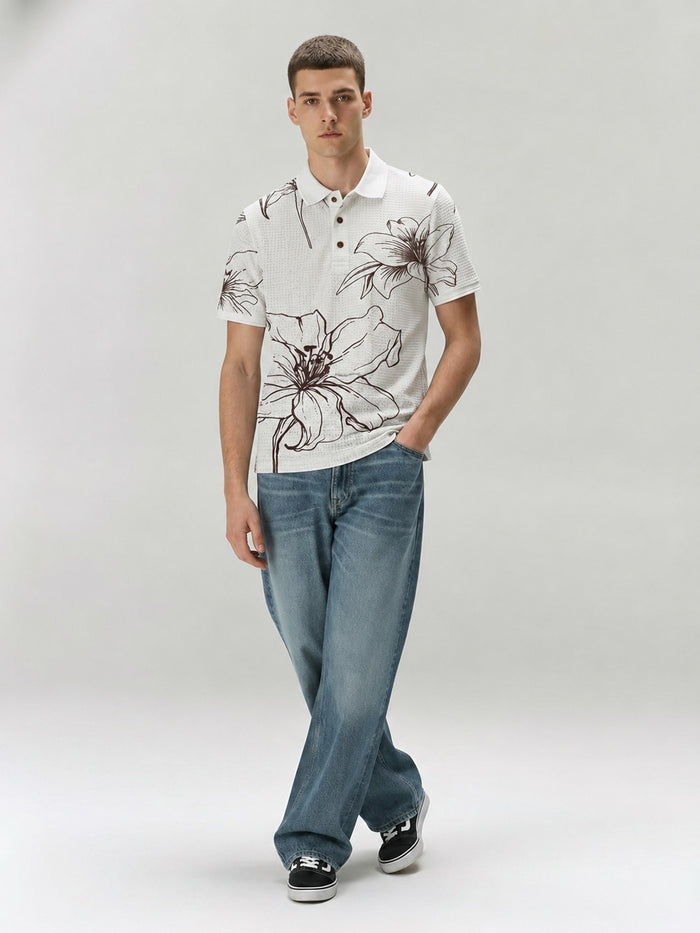 Men Tobacco Floral Printed Polo Collar T-shirt
