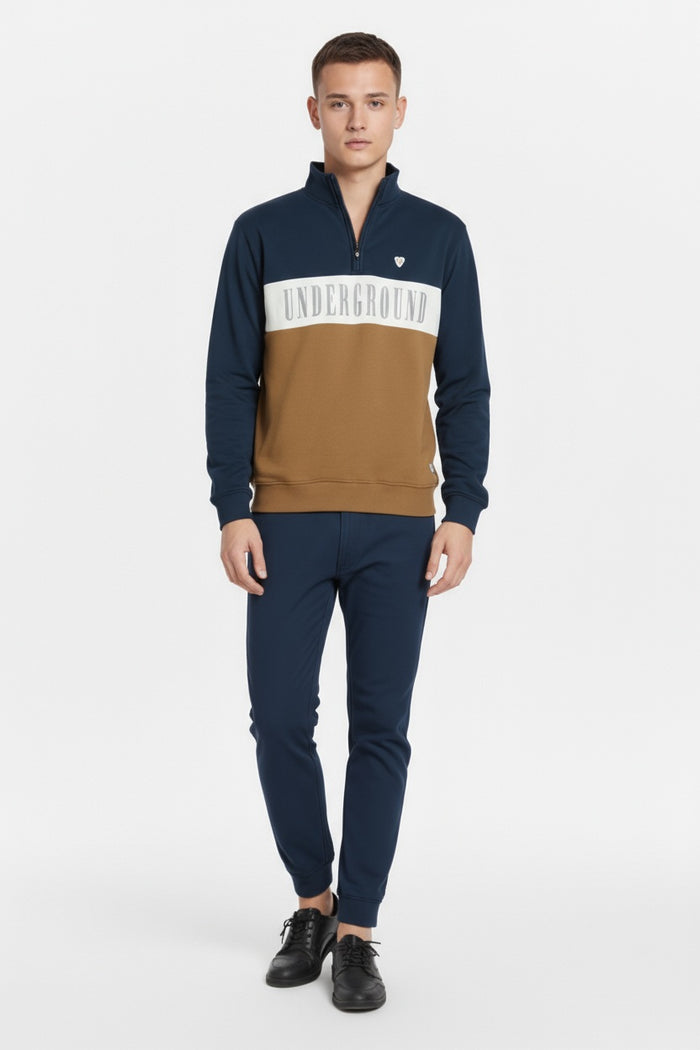 Men Wheat Colourblocked Mock Collar Mid-Rise Tracksuits