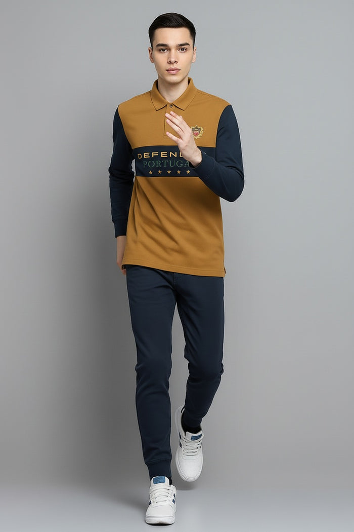 Men Wheat Colourblocked Polo Collar T-shirt