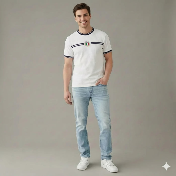 Men White Brand Logo Self Design Round Neck Cotton T-shirt