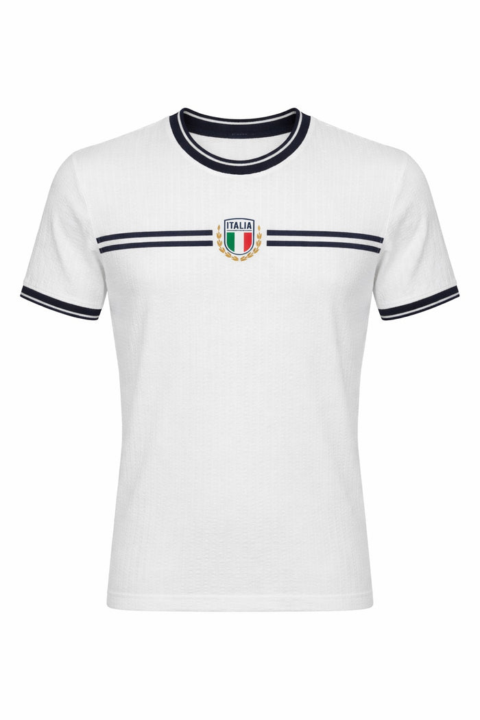 Men White Brand Logo Self Design Round Neck Cotton T-shirt