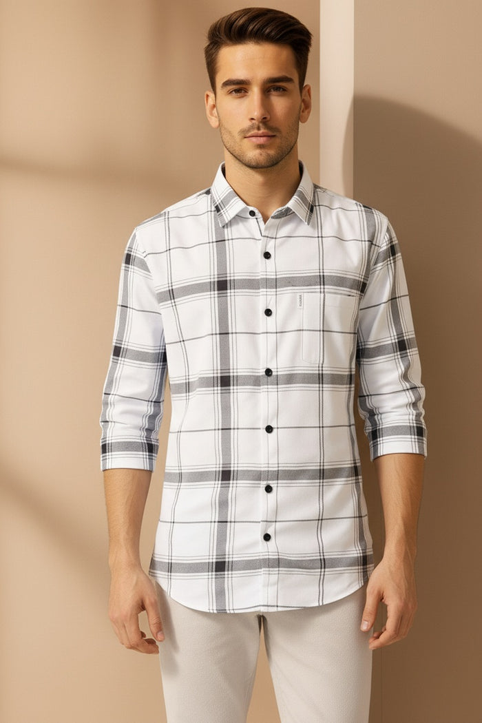 Men White Checked Polo Neck Casual Shirt