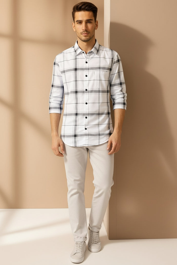Men White Checked Polo Neck Casual Shirt