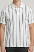 Men White Indigo Striped Polo Collar T-shirt