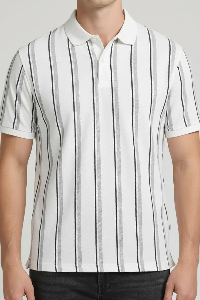 Men White Indigo Striped Polo Collar T-shirt