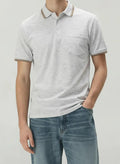 Men White Melange Polo Collar Pockets T-shirt