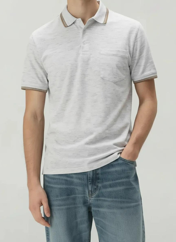 Men White Melange Polo Collar Pockets T-shirt