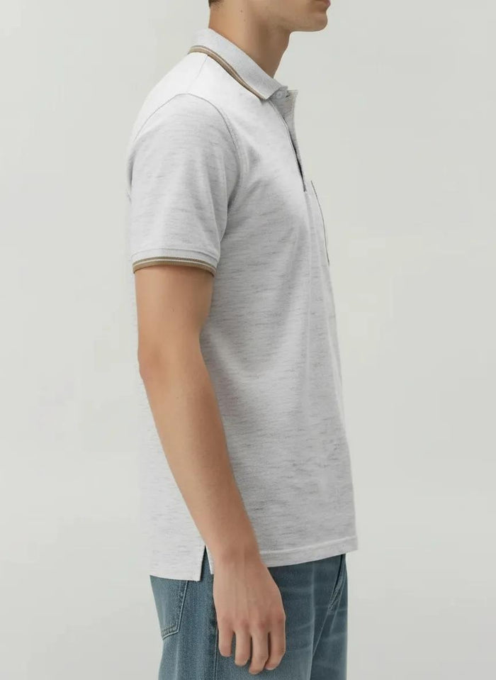 Men White Melange Polo Collar Pockets T-shirt