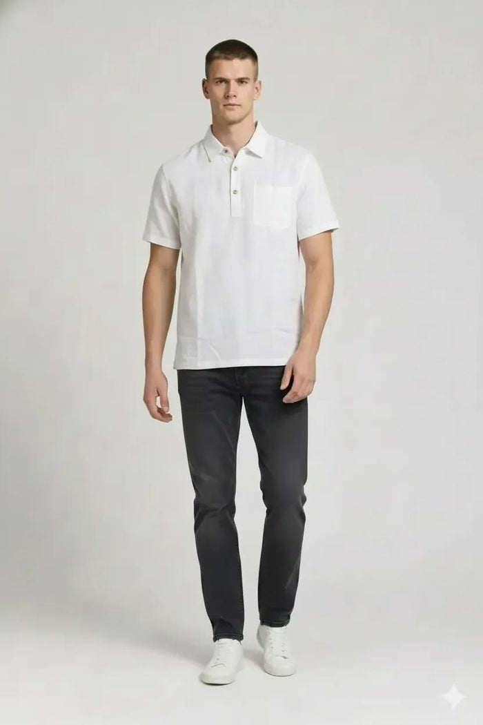 Men White Polo Collar Pockets T-shirt-Style ID