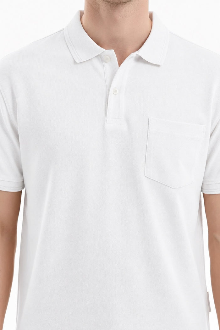 Men White Polo Collar Pockets T-shirt