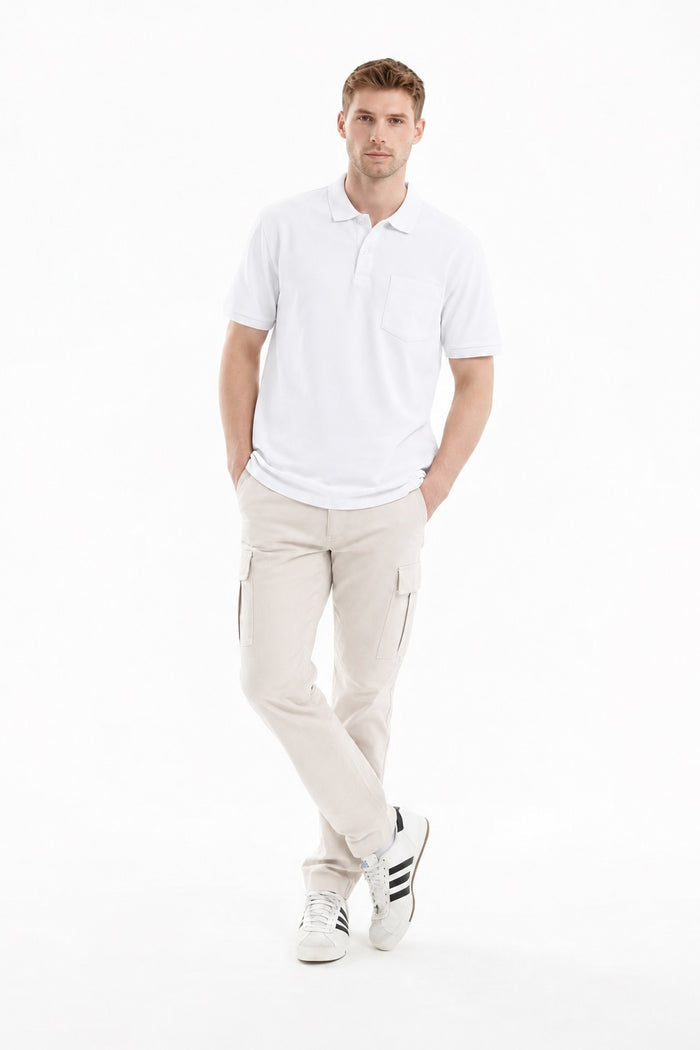 Men White Polo Collar Pockets T-shirt