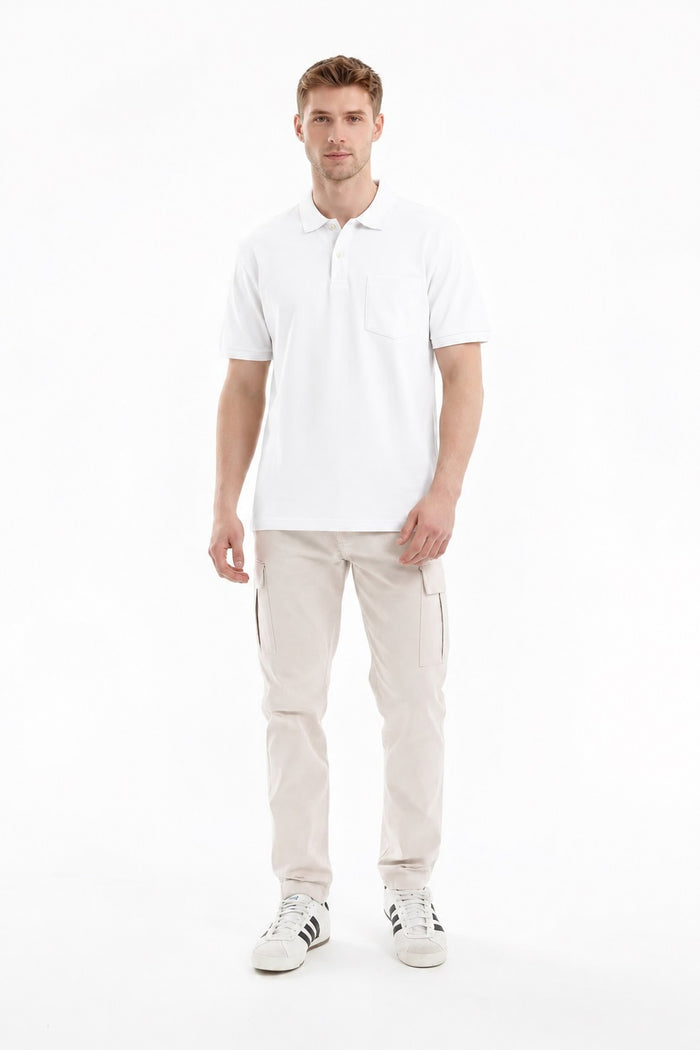 Men White Polo Collar Pockets T-shirt