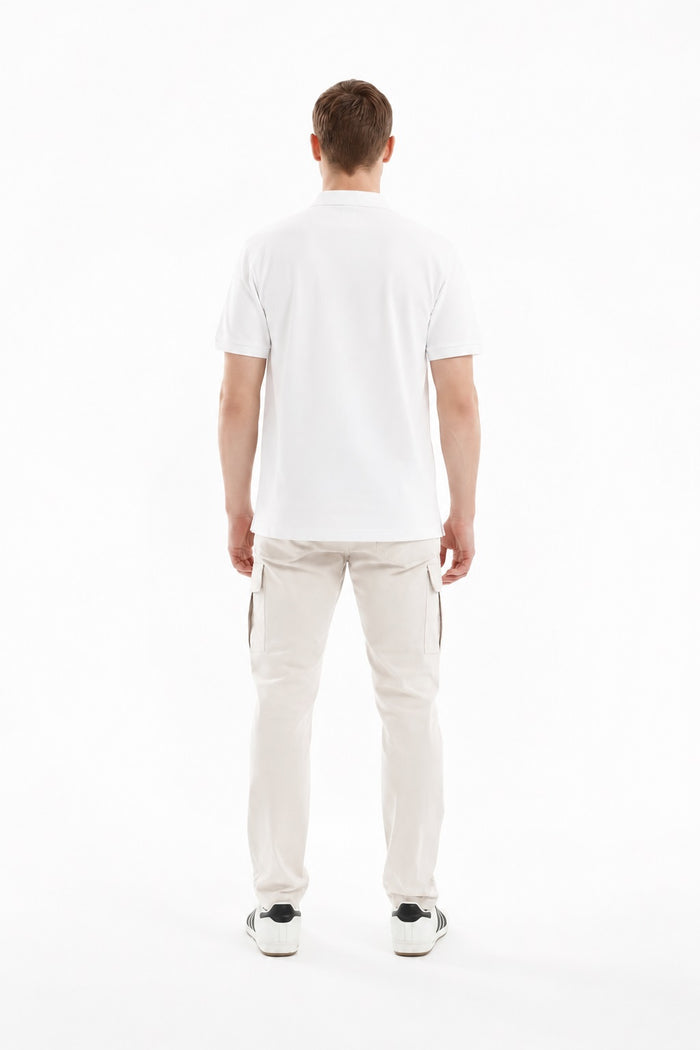 Men White Polo Collar Pockets T-shirt