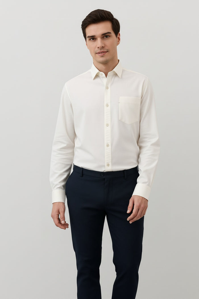 Men White Solid Polo Neck Casual Shirt
