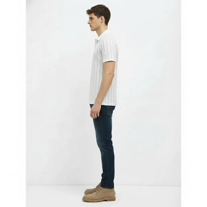Men White Striped Polo Collar T-shirt