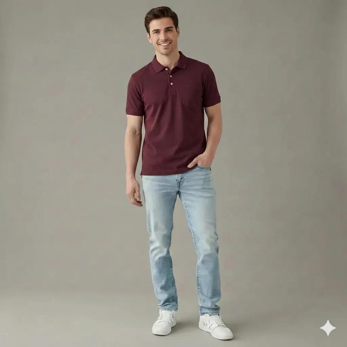 Men Wine Polo Collar Pockets T-shirt