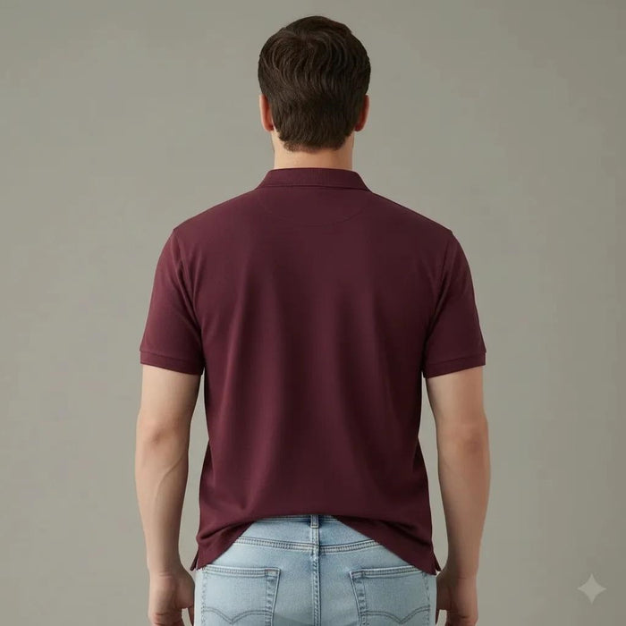 Men Wine Polo Collar Pockets T-shirt