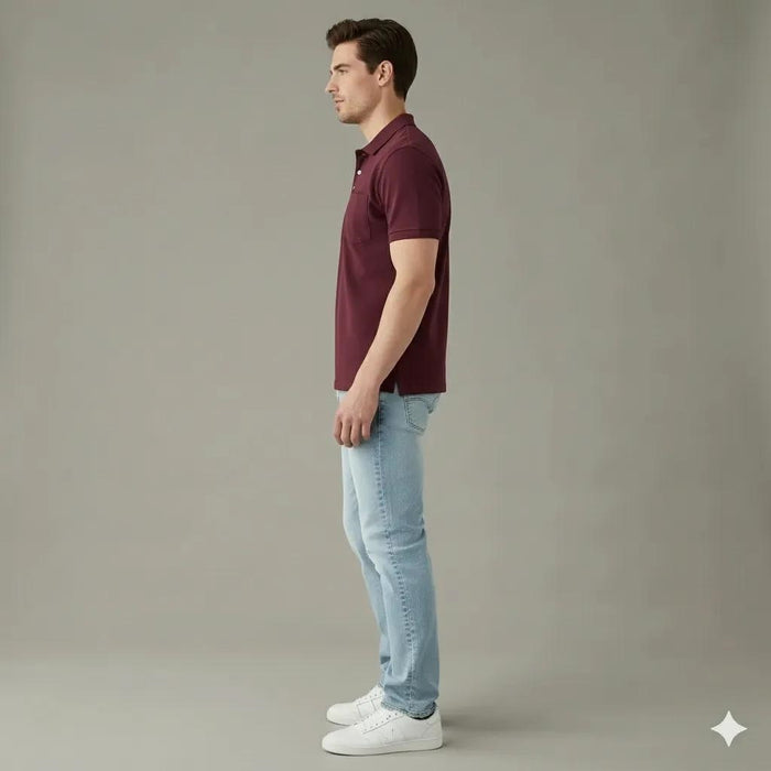 Men Wine Polo Collar Pockets T-shirt