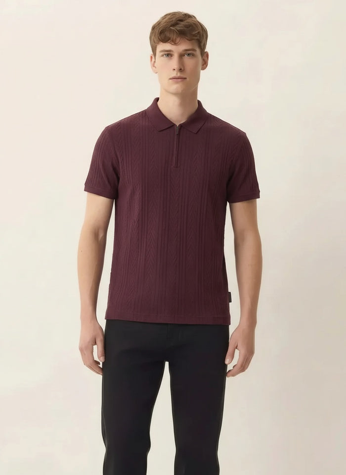 Men Wine Polo Collar Self Design T-shirt