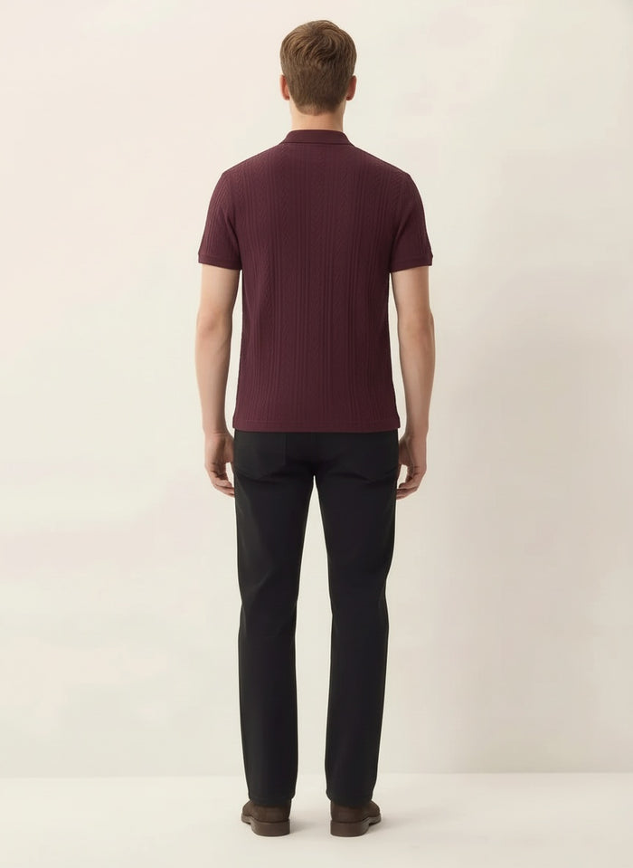 Men Wine Polo Collar Self Design T-shirt