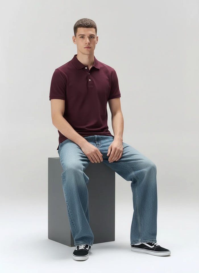 Men Wine Polo Collar Solid T-shirt