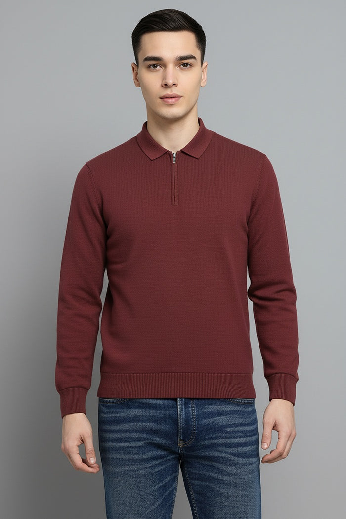 Men Wine Solid Polo Collar T-shirt