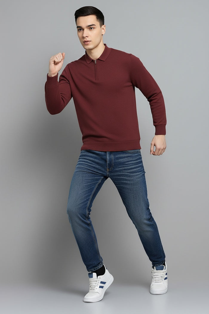 Men Wine Solid Polo Collar T-shirt