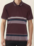 Men Wine Striped Polo Collar T-shirt