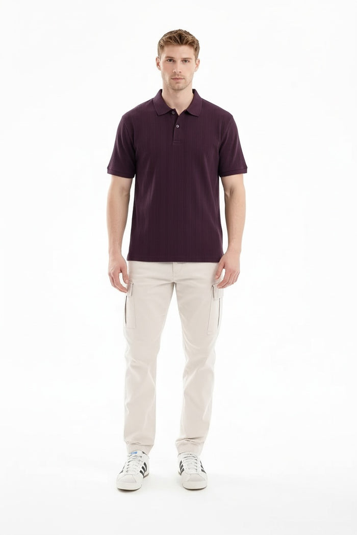 Men Wine Striped Polo Collar T-shirt