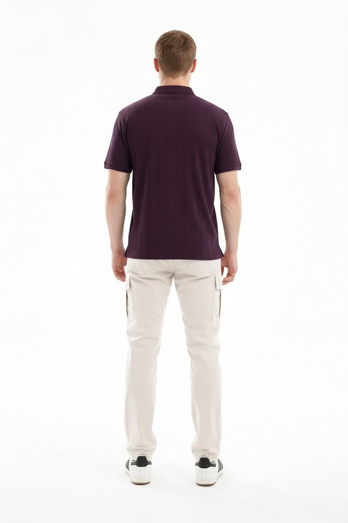 Men Wine Striped Polo Collar T-shirt