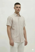 Men Wood Rose Striped Spread Collar Cotton Casual Shirt