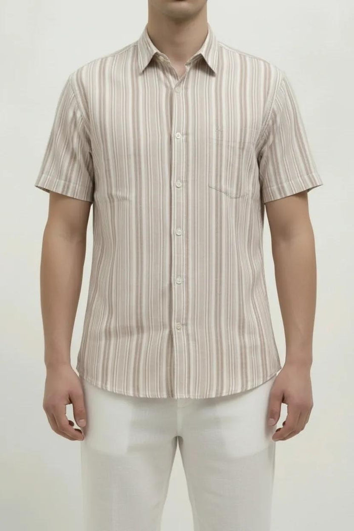 Men Wood Rose Striped Spread Collar Cotton Casual Shirt