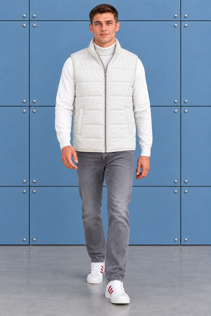 Men’s Beige Lightweight Reversible Woven Puffer Gilet – Regular Fit Sleeveless Jacket