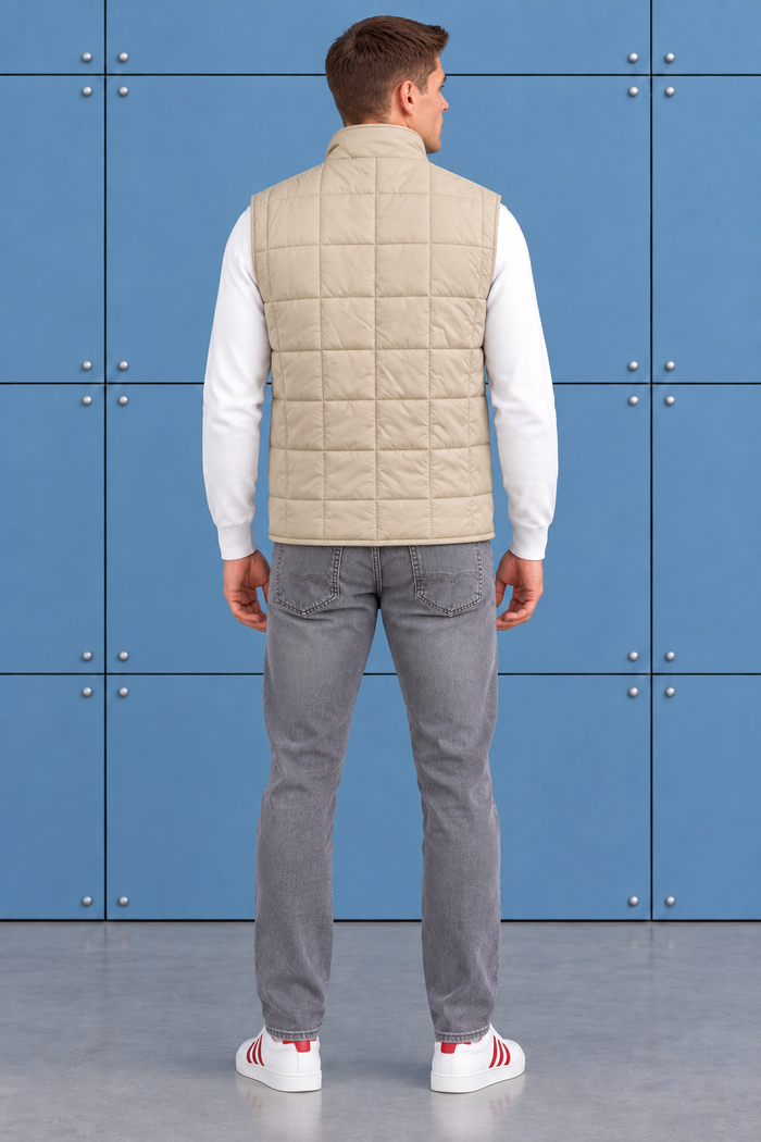 Men’s Beige Lightweight Reversible Woven Puffer Gilet – Regular Fit Sleeveless Jacket
