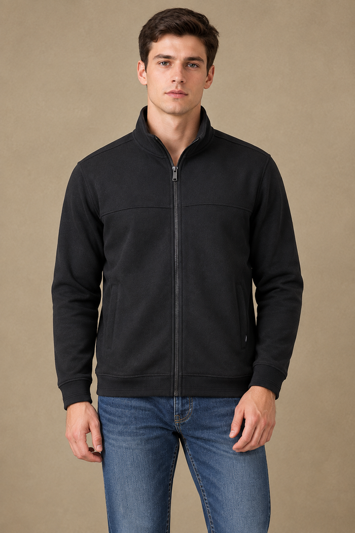Men’s Black Cotton Blend Full-Zip Sweatshirt – Regular Fit Stand Collar Winter Sweatshirt
