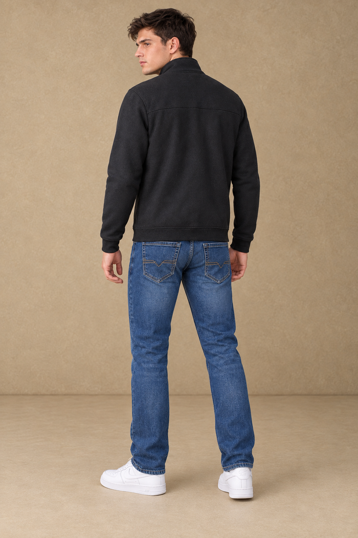 Men’s Black Cotton Blend Full-Zip Sweatshirt – Regular Fit Stand Collar Winter Sweatshirt
