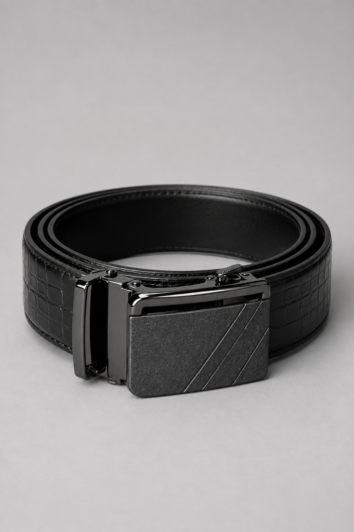 Men’s Black Croc-Textured Auto Lock Leather Belt with Gunmetal Buckle
