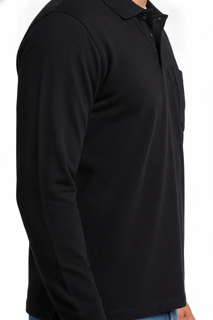 Men's Black Green Full Sleeve Cotton Pique Polo T-Shirt | Premium Pre-Winter Casual Polo