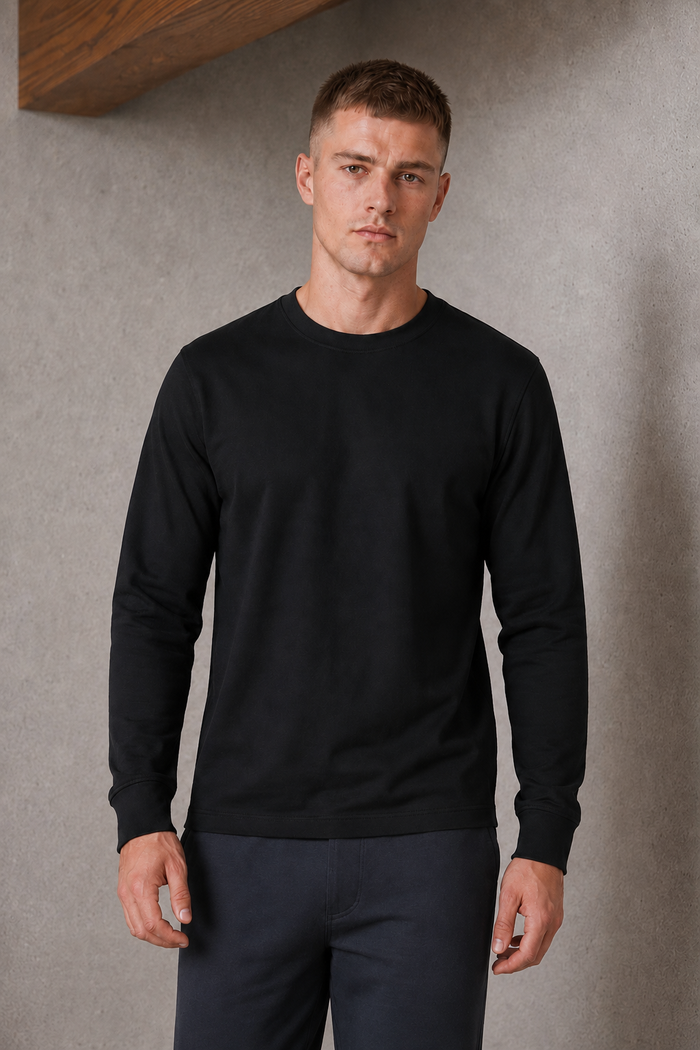 Men’s Black Interlock Full Sleeve Pre-Winter T-Shirt – Regular Fit Crew Neck Tee