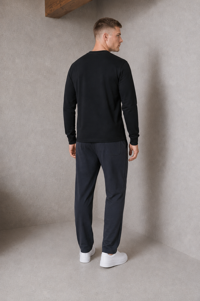 Men’s Black Interlock Full Sleeve Pre-Winter T-Shirt – Regular Fit Crew Neck Tee