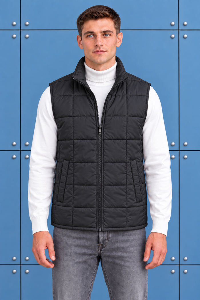 Men’s Black Lightweight Reversible Woven Puffer Gilet – Regular Fit Sleeveless Jacket