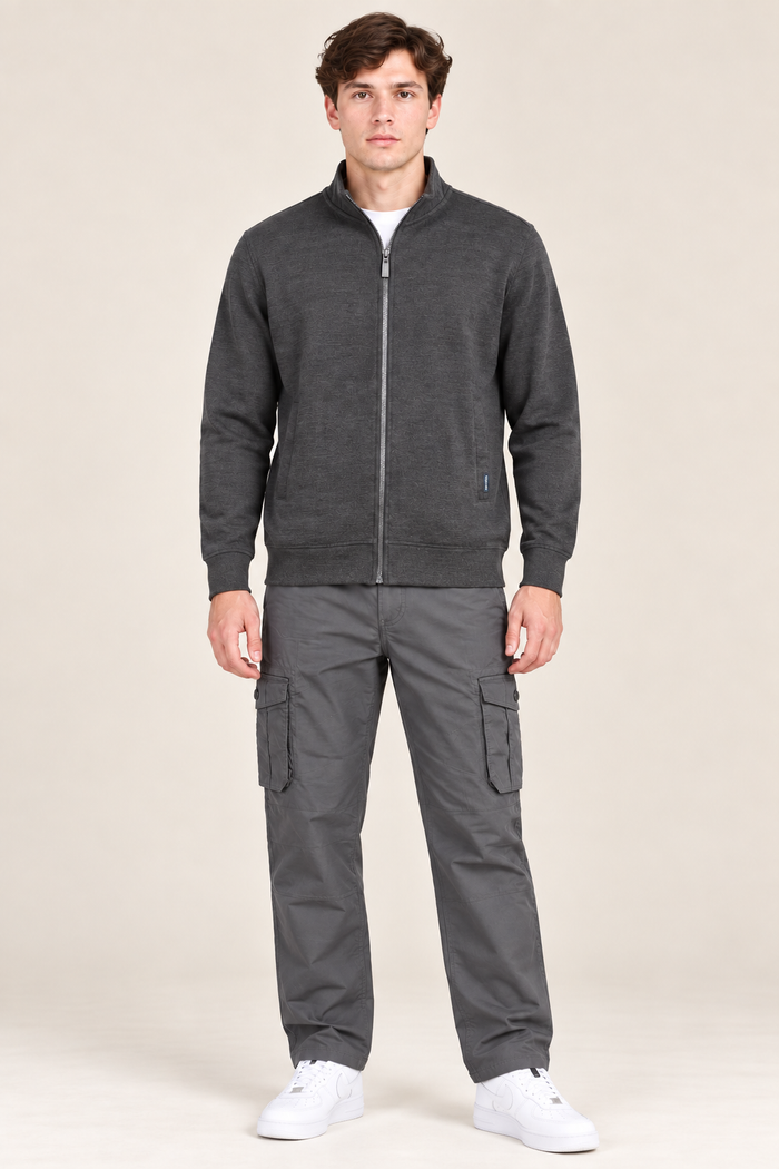 Men’s Black Melange Cotton Brushed Fleece Full-Zip Sweatshirt – Regular Fit