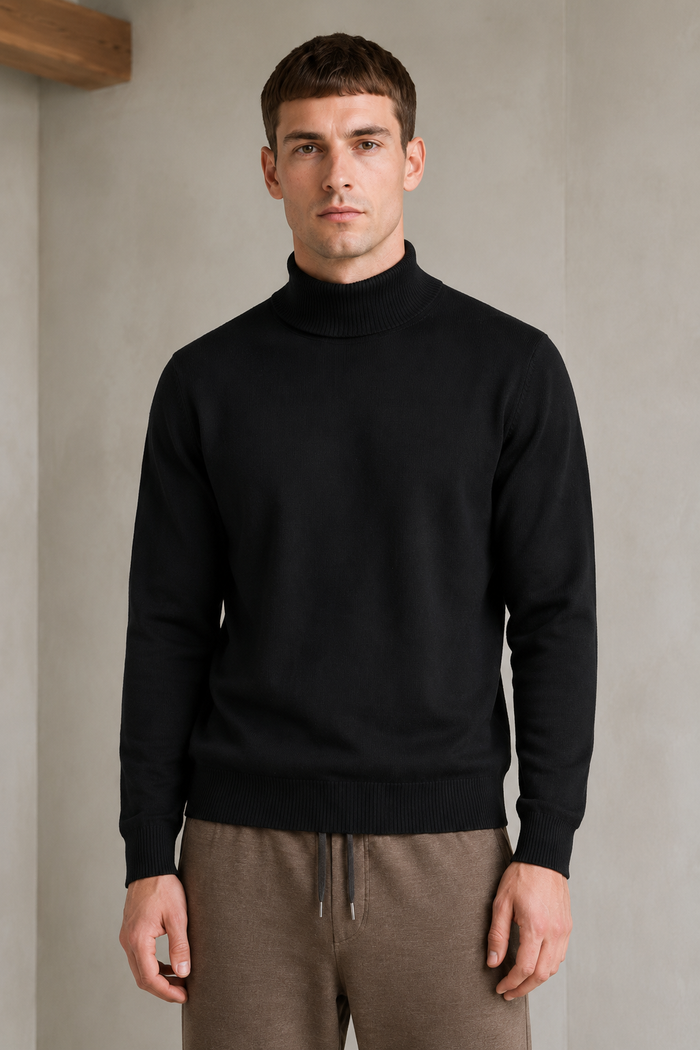 Men’s Black Mock Neck Sweater – Regular Fit Full Sleeve Winter Pullover